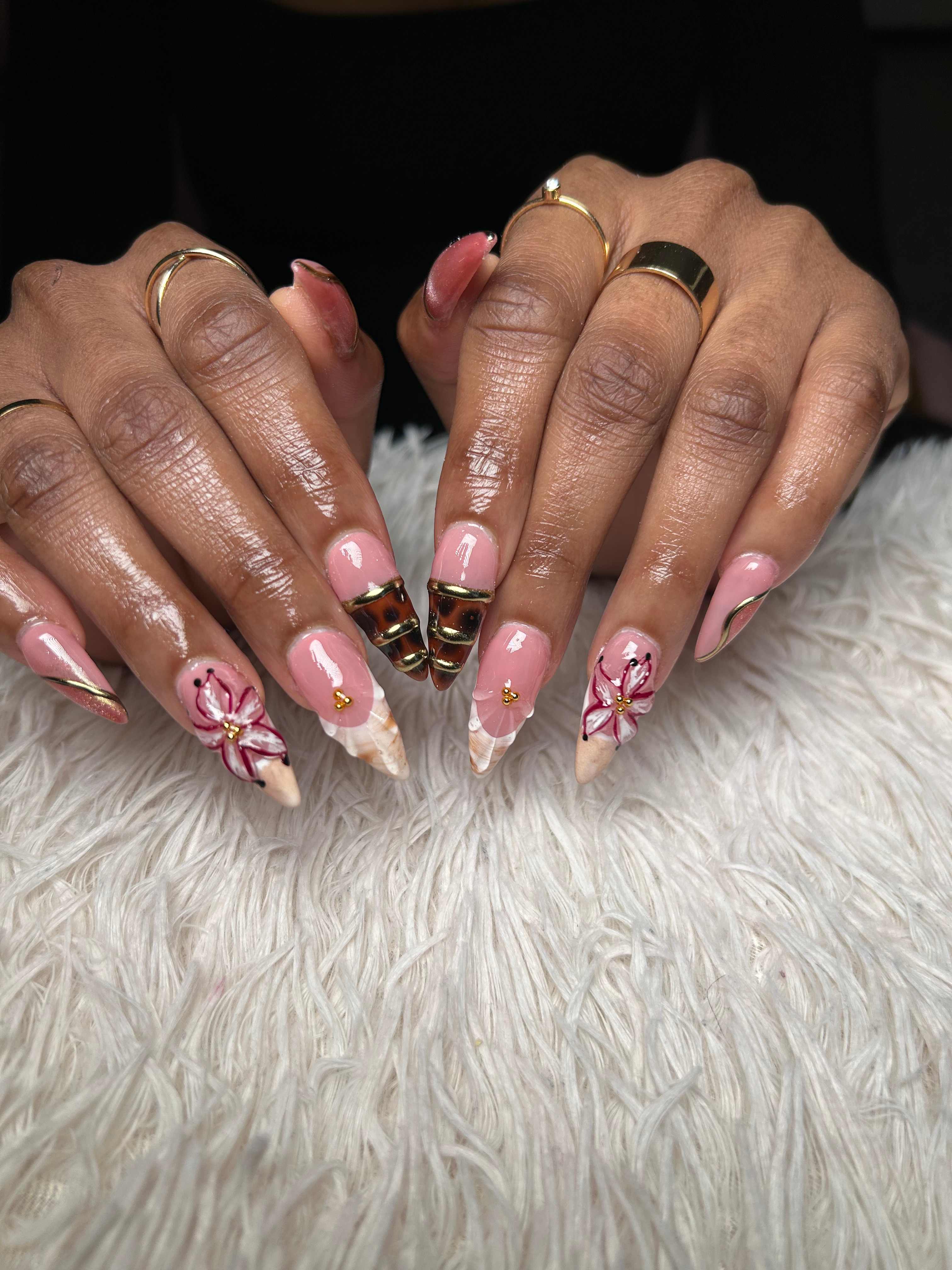 Almond nails in champagne shimmer on ivory silk